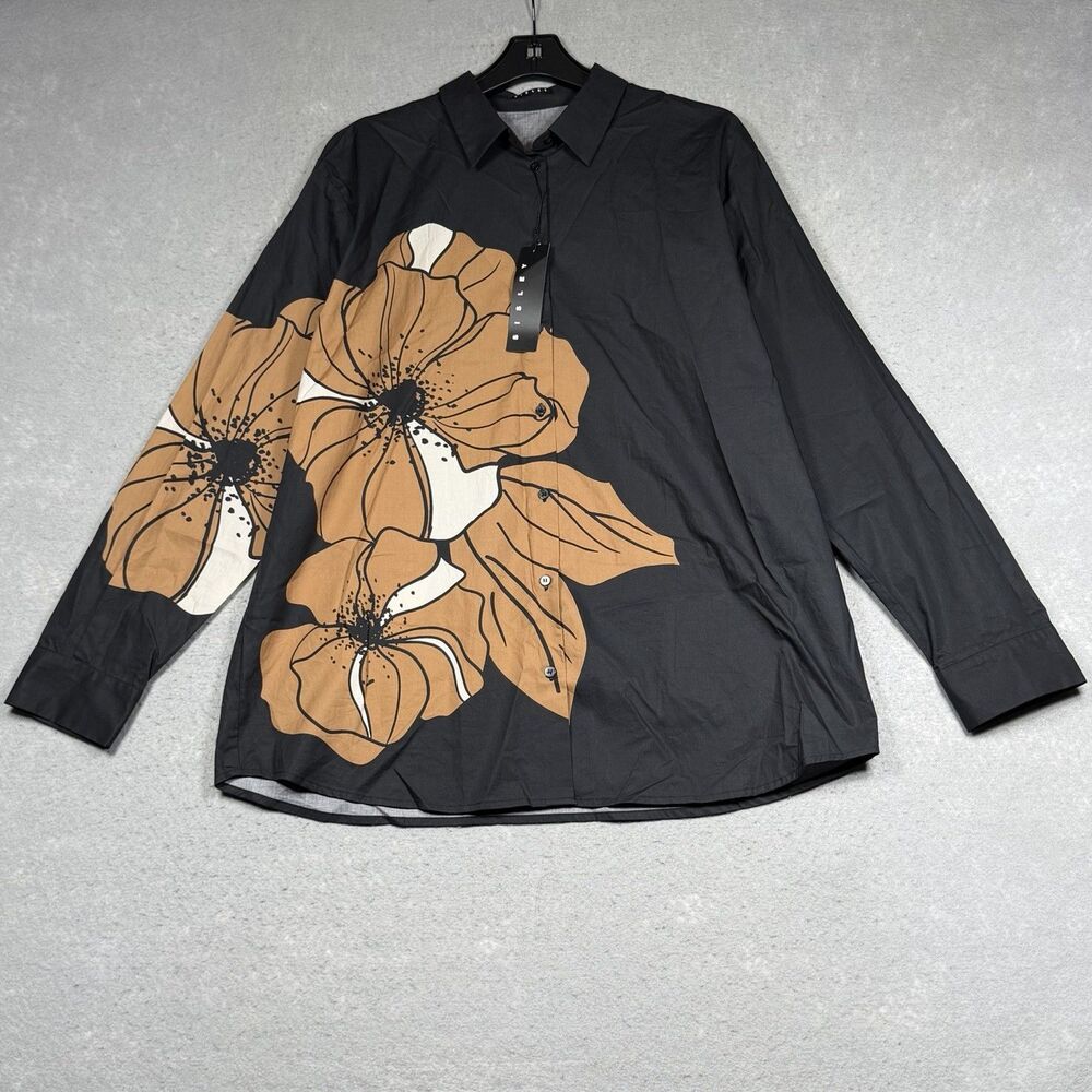 Sisley Shirt Women’s Size Large Black Floral Print Long Sleeve Button Down Shirt